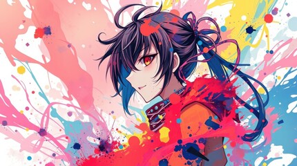 Naklejka premium Anime girl with vibrant splash paint background, red eyes, dark hair with colorful streaks, joyful mood.