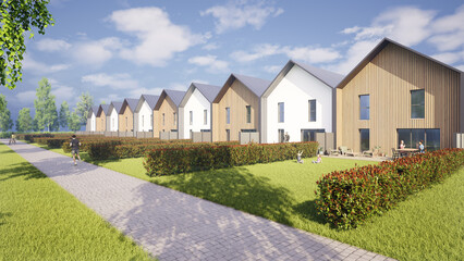 Perspective immobilière, ensemble de maison modernes  et simples avec jardin, bardage bois, toiture bac acier, rendu 3d