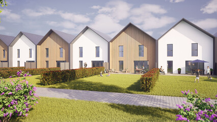 Perspective immobilière, ensemble de maison modernes  et simples avec jardin, bardage bois, toiture bac acier, rendu 3d