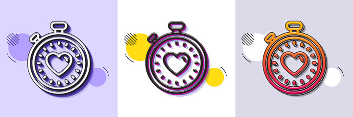 Heart in Timer line icon. Halftone dotted pattern. Gradient icon with grain shadow. Love symbol. Valentines day stopwatch sign. Line heartbeat timer icon. Various designs. Vector