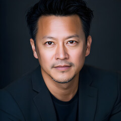 Obraz premium Confident Professional Portrait of a Man in Black Suit Against a Dark Background, Sharp Features, Engaging Expression, Modern Photography, Asian Descent, Personal Branding, Stylish Elegance, High