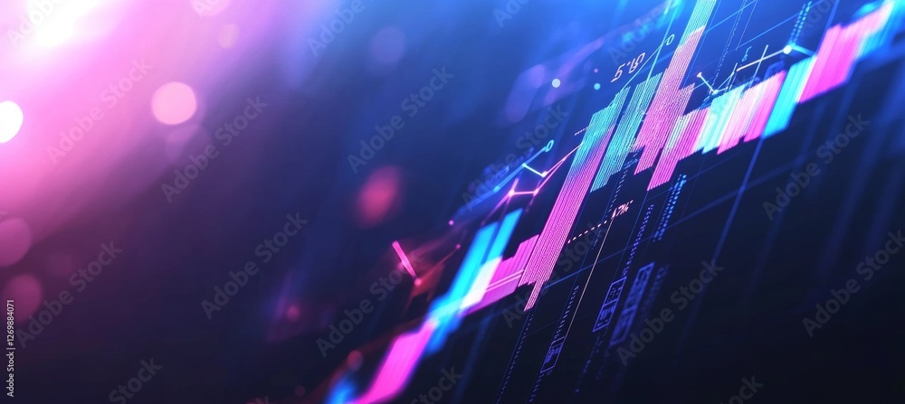 Poster futuristic data visualization with bright financial data lines, upward triangles, and bokeh effect