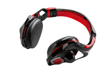 Sleek black and red headphones resting on a smooth surface, ready for immersive listening experience isolated on transparent background