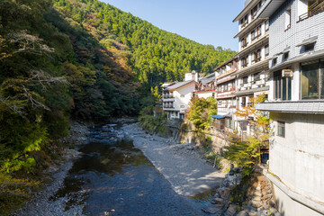 The Hidaka River and village in Ryujin in Asia, Japan, Kansai, Ryujin, in summer, on a sunny day.