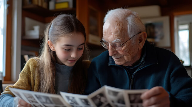Heartwarming moment of teenager assisting grandparent with photo memories at home