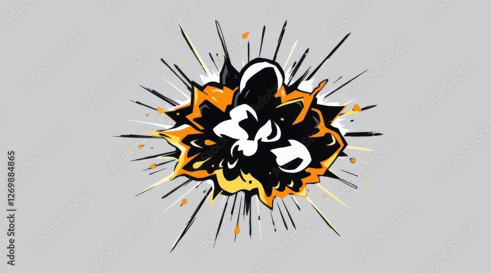 Poster stylized explosion with dynamic orange and black elements on a clean gray background. sharp lines am