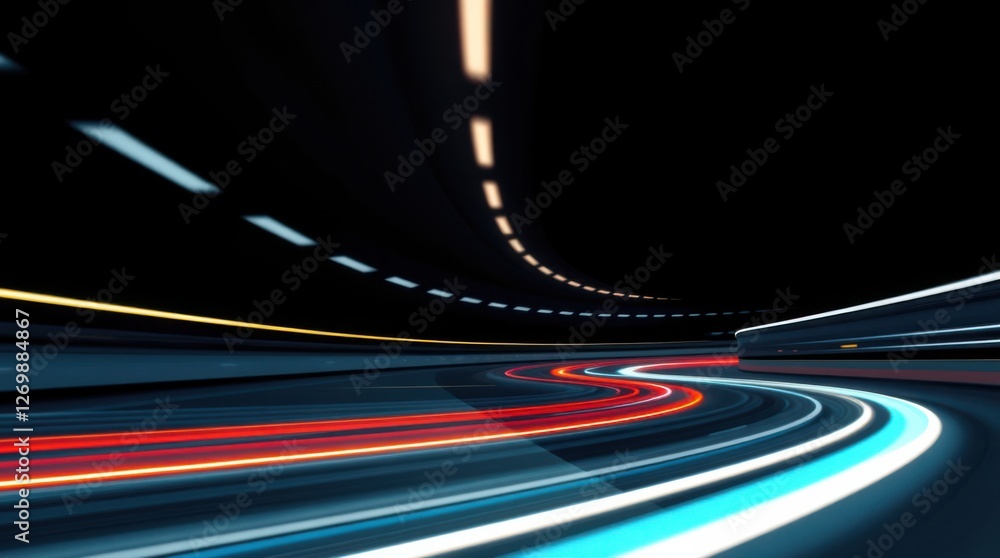 Poster abstract light trails show the motion through a tunnel, conveying speed and movement with colorful s