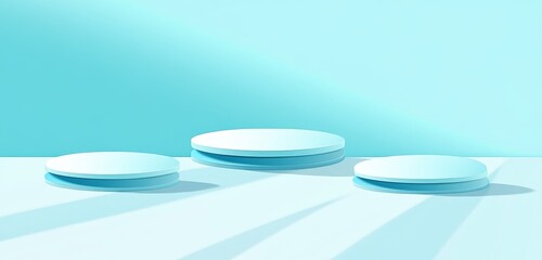 Three Minimalist Circular Platforms on a Light Blue Surface With Soft Shadows Cast by Natural Light Create a Serene Atmosphere Conducive to Creativity and Design