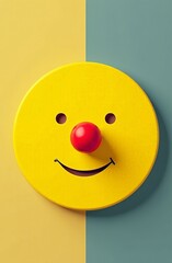 Round shape mask, yellow color with clown nose, happy smile on yellow background. Vertical concept of April Fools' Day entertainment