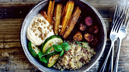 Healthy Gourmet Bowl with Quinoa, Roasted Vegetables & Sauce