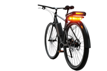 Exploring modern design with a sleek electric bike showcasing advanced safety features isolated on transparent background