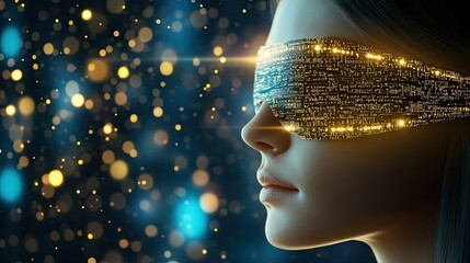 Symbolic Power Representation, showcasing symbolic power representation in fearless leadership, Future woman with digital blindfolded vision.