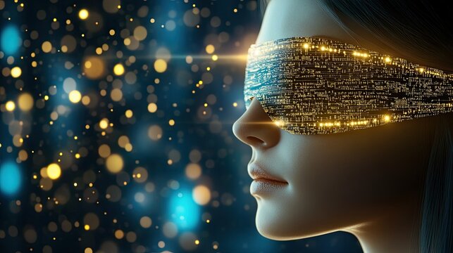 Symbolic Power Representation, showcasing symbolic power representation in fearless leadership, Future woman with digital blindfolded vision.