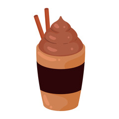 Vector Illustration of a Delicious Chocolate Drink Topped with Whipped Cream and Cinnamon Sticks in a Cup, Perfect for Autumn or Winter Seasons