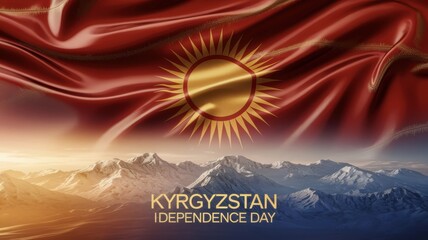 A poster dedicated to the Independence Day of Kyrgyzstan, the central place is occupied by the Kyrgyz flag on a red background and the emblem of the sun with 40 rays. The mountains are depicted below.