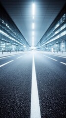 Urban road between modern buildings at night. Possible use Stock photo
