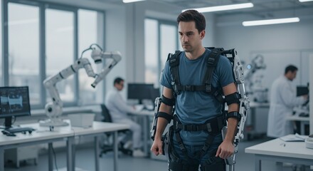 Man wearing industrial exoskeleton in high-tech laboratory. Robotic assistive technology for enhanced strength and mobility in manufacturing and healthcare