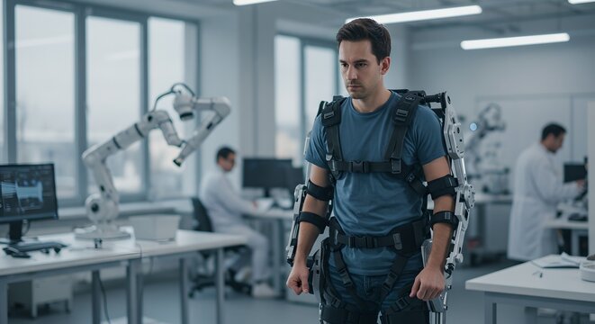Man wearing industrial exoskeleton in high-tech laboratory. Robotic assistive technology for enhanced strength and mobility in manufacturing and healthcare