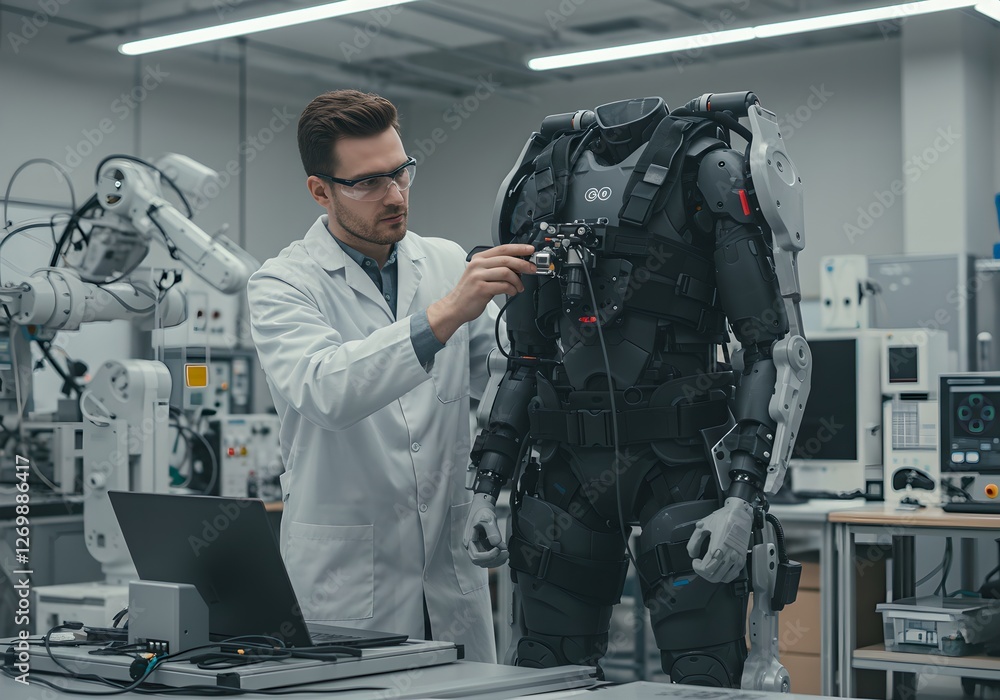 Poster scientist developing advanced exoskeleton suit in high-tech laboratory. man in white coat working on