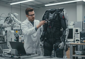 Scientist developing advanced exoskeleton suit in high-tech laboratory. Man in white coat working on robotic armor for military or medical applications