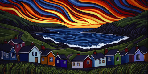 Naklejka premium Vibrant Seaside Town at Dusk with Colorful Houses, Dramatic Sunset, Rolling Hills, and Serene Ocean Waves in Artistic Vector Landscape Illustration