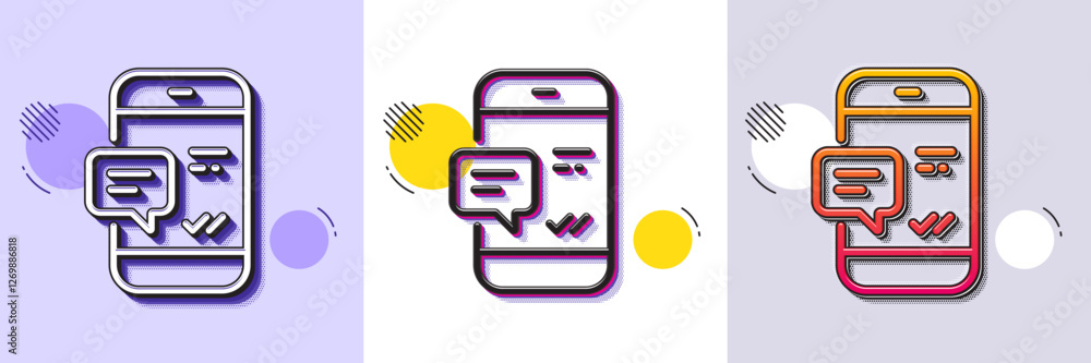 Poster phone message line icon. halftone dotted pattern. gradient icon with grain shadow. mobile chat sign.