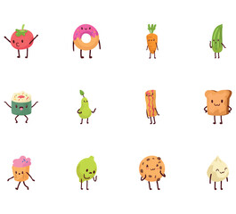 Set of kawaii style fruit vector icons on white background