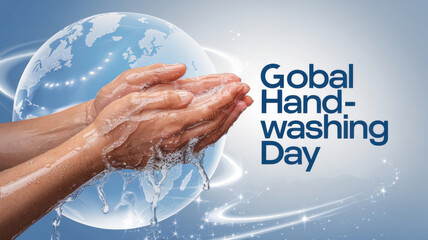 A banner for World Hand Washing Day, which depicts two realistic hands in motion, covered with transparent droplets of water and foamy soap, which actively wash and destroy germs.