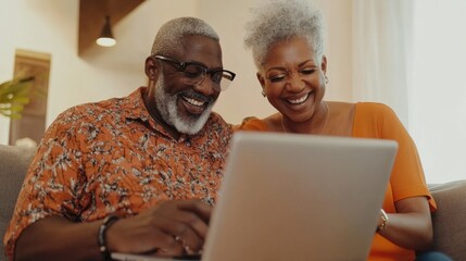 Cheerful elderly grey haired wife and husband sit on couch using computer on-line application banking website check savings feels satisfied, 60s couple examining check utility bills documents concept 