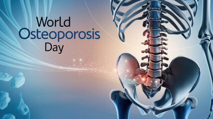 Fototapeta premium World Osteoporosis Day photo dedicated to bone health and prevention. The centerpiece is a realistic human skeleton with an emphasis on the spine and hips.