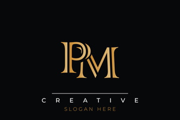 Sophisticated gold PM monogram logo on a sleek black background, ideal for branding, creative design, and luxurious themes.