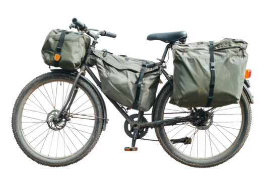 Exploring rugged terrain with a well-equipped bicycle and sturdy bags in the outdoors isolated on transparent background