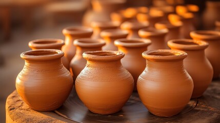 Handmade Clay Pots Displayed Elegantly in Pottery Workshop at Sunset