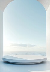 Bright White Circular Platform Beneath a Blue Sky With Clouds and Sunlight Shining Through Arched Structures at a Serene Location