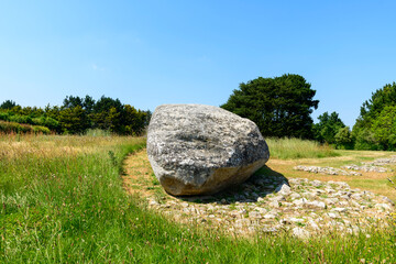 The large broken menhir in Locmariaquer in Europe, France, Brittany, Morbihan, Locmariaquer, in...