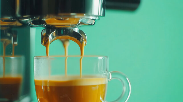 Close-up of espresso machine brewing fresh coffee for cafes and homes
