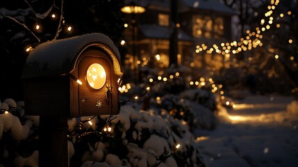 Snow-covered mailbox with fairy lights at night.