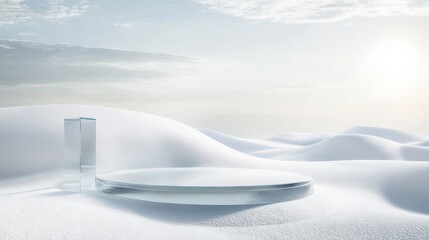 Stunning Snowy Landscape Featuring Rolling Dunes and a Circular Platform Under a Dramatic Sky