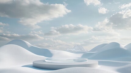 Stunning Snowy Landscape Featuring Rolling Dunes and a Circular Platform Under a Dramatic Sky