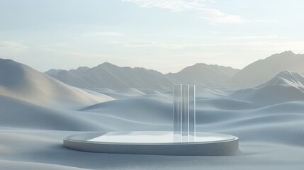Stunning Snowy Landscape Featuring Rolling Dunes and a Circular Platform Under a Dramatic Sky