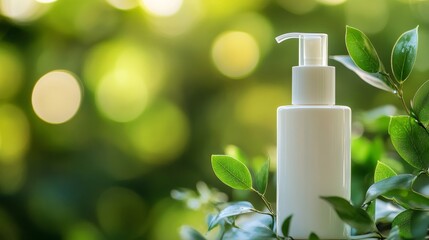 Serene Composition Featuring a Clear Serum Bottle Surrounded by Green Leaves on a Soft Surface