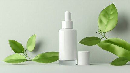 Serene Composition Featuring a Clear Serum Bottle Surrounded by Green Leaves on a Soft Surface