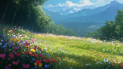 Colorful Wildflower Meadow in the Mountains During a Sunny Day With Clear Blue Skies and Distant Snow-Capped Peaks, Capturing Nature's Beauty and Tranquility