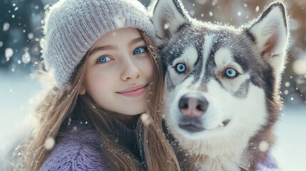 Smiling Girl With a Husky Dog Enjoying a Snowy Day in a Winter Wonderland