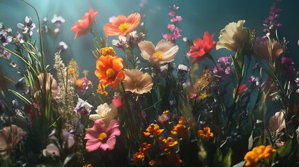 Colorful Wildflower Meadow in the Mountains During a Sunny Day With Clear Blue Skies and Distant Snow-Capped Peaks, Capturing Nature's Beauty and Tranquility