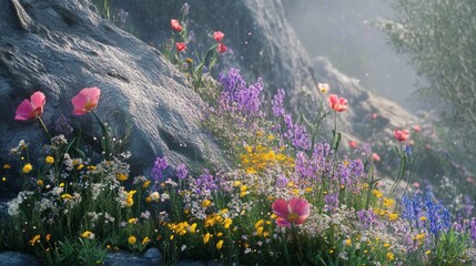 Colorful Wildflower Meadow in the Mountains During a Sunny Day With Clear Blue Skies and Distant Snow-Capped Peaks, Capturing Nature's Beauty and Tranquility