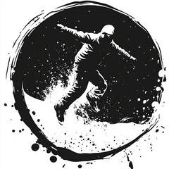 Dynamic Snowboarder Carving Through Fresh Snow in a Dramatic Black and White Illustration With Splashes of Texture