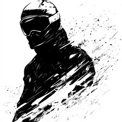 Dynamic Snowboarder Carving Through Fresh Snow in a Dramatic Black and White Illustration With Splashes of Texture