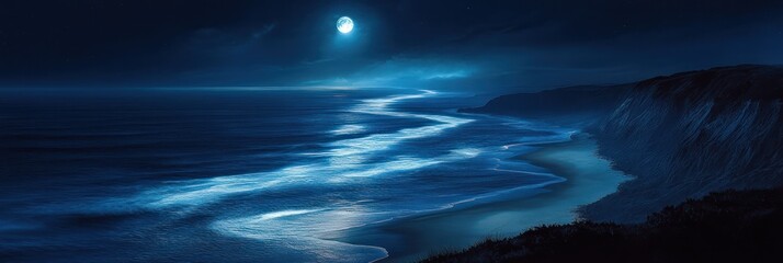 Serene Moonlight Illuminates Coastal Ocean Waves