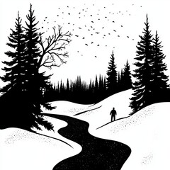 Dynamic Snowboarder Carving Through Fresh Snow in a Dramatic Black and White Illustration With Splashes of Texture